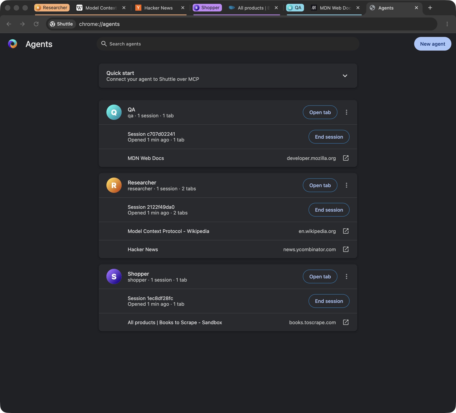 chrome://agents: agents, their sessions and tabs